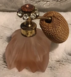 Vintage Antique Perfume Bottle Atomizer Jewels Mauve Pink Frosted Glass. Used… Atomizer ball is cracked and broken...
