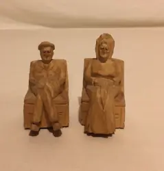 3.5” Tall. Rustic Folk Art Hand Carved Wood Grandma and Grandpa in rocking chairs. Really great folk art pieces.