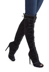 Shoedazzle Shoes 8.5 Kenna OTK BOOTS Thigh High HEELS Open Toe FAUX Sherpa.  I dont recall ever wearing these, but the...