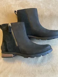 Sorel Emelie Zip Ankle Boots, Black Leather, Womens 8.5.