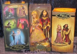 Mother Gothel features crimson satin gown with intricate embroidered golden pattern, and gold satin lining. Rapunzel...