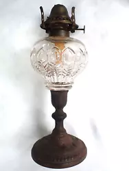 You are bidding on a very, nice, antique EAPG, pattern glass, oil/kerosene lamp with a wonderful, iron base. It has a...