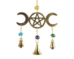 In the center of the full moon is a pentacle. Accented by multicolored beads and three small brass bells hanging below.