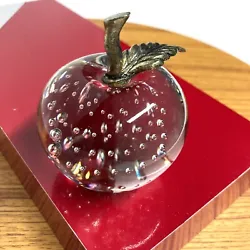Art Glass Vintage Apple Paperweight Clear Controlled Bubbles Silver Stem & LeafNo chips or cracks on the apple but...