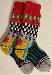 One pair of HOMEMADE HAND KNIT MULTI COLORED SOCKS with HEART ON HEEL Woman Size 7-8 1/2. The socks measure 10...