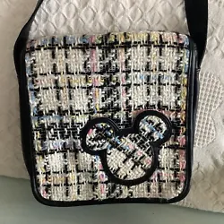 Disney Tweed Messenger Bag Cross Body Purse Mickey Minnie Black Faux Leather. This bag is adorable with him with a...