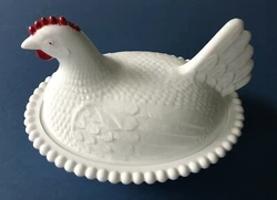 Very nice Hen on Nest 2-piece covered candy dish. White milk glass. Perfect condition. No marks on bottom.