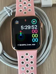 Pink/White band. Only the faintest of scratches on the screen. Body does not have scratches. Battery health is 100%. It...