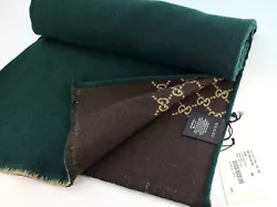 ・Style 521104 4G744 3100. ・Brown, Green scarf. ・95% wool 5% silk. ・Brown with Beige GGs on one side, Green on...