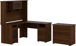 Work in style with the Bush Furniture Cabot L Shaped Computer Desk with Hutch and Lateral File Cabinet. Enjoy a...