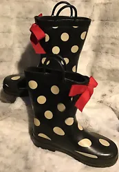 Girls leather & Rubber rain boots Black,White,RedPolkadot and red bow Sz 13-12 handlesUsed ……in great...