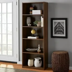 Tall Adjustable 5-Shelf Wood Bookcase. Canyon Walnut finish allows this storage unit to be placed in offices, living...