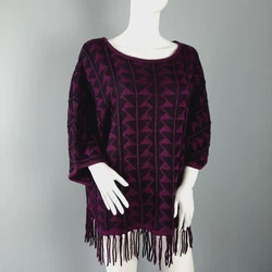 NY Collection poncho sweater in purple and black Aztec print with fringe. Size Large. Length 26