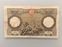 Billet Italie 100 Lires 1938/1941 no 4199. Pliures, salissures, fentes, 1 déchirure dans la pliure