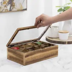 Wooden tea bag organizer with clear lid and burnt wood finish.