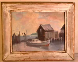 Great Folk Art Oil Painting Depicting a Small Boat Sitting by the Dock of an Old Fishing Shack. Signed by the Folk...