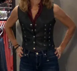 Ladies Lightweight Leather Vest. Lace Detail on Front. 2 straight inside pockets.