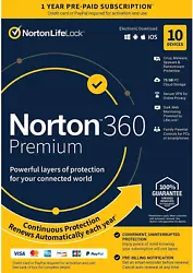 Norton™ 360 Premium - for up to 10 devices with Auto Renewal. Provides powerful layers of protection for connected...