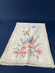 ANTIQUE Edwardian linin or cotton dresser scarf 41 inches long by 13.5 wide pink daises and butterflies hand made 