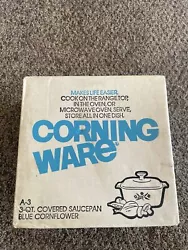Vtg 1977 Corning Ware blue cornflower A-3. 3 qt covered saucepan BlueCorn flower.