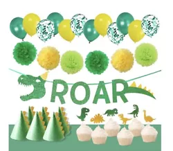 Includes ROAR Banner, 6 Party Hats, 6 Cupcake Toppers, 12 Latex Balloons, and 6 Paper Pom Poms.