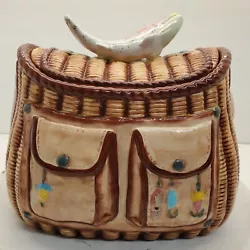 Fishing Basket Cookie Jar With Trout Handle The nice basket is in nice pre-owned condition. There is a small chip along...