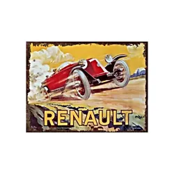 Plaque décorative rétro en métal représentant une voiture Renault rouge dans le style Art Déco.