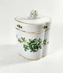 HOLLOHAZA Hungary porcelain. Tall trinket, dresser, or vanity box with rose flowers. Measures 4 inches high to the top...