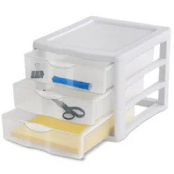 Clear drawers allow viewing of contents and accommodate a standard ream of 8 1/2