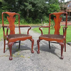 Pair walnut Queen Anne armchairs, New Hampshire, 19th Century.  Interesting semi-primitive style.  Of generous...