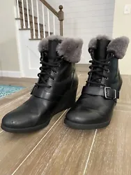 Size 9, Coach wedge heal, lace up, faux fur upper trim, winter boot, gently used