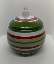 Longaberger Pottery Lidded Jar Red Blue Green Christmas Ornament Candy Dish.