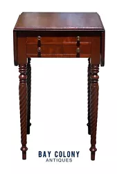 19TH CENTURY ANTIQUE SHERATON 2 DRAWER MAHOGANY DROP LEAF WORKTABLE / NIGHTSTAND - ROPE CARVED LEGS. The table has two...