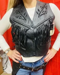Woman’s Vintage Biker Vest. With Fringe And Floral Design100% Leather