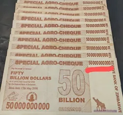 10pc - 50 Billion Zimbabwe Special Agro-Cheque 2008 Series, Used/Circulated Condition. What youre looking at is a total...