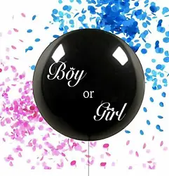 36 inch Black gender reveal balloonPink confettiBlue confetti