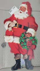 Vintage H.M.S Christmas Santa Claus with wreath die cut decoration hanging nos hole in top to hang. Still has attached...