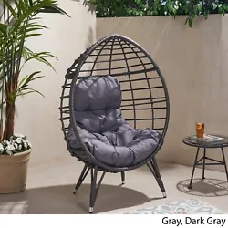 Kavani Outdoor Patio Teardrop Chair with Cushion, Gray and Dark Gray.