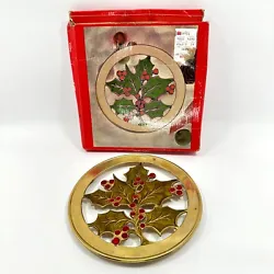 Solid brass Christmas Holly and Berries Trivet made in India. Gold leaves with red holly berries, three footed solid...
