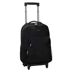 Features include 2 zippered pockets on the front of the bag with having a built in organizer. Double wheels. 12