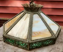 GORGEOUS Antique slag glass hanging ceiling shade/lamp. ONLY imperfection is one area at the edge of the top brass...