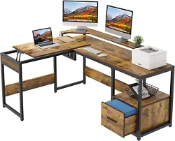 L Shaped Computer Desk with Lift Top and Monitor Riser and File Drawer. 8 adjustable feet pads keep the L desk stable...