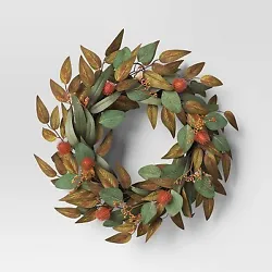 •Fall leaf wreath •Soft fabric green leaves with red pinecones •22in round silhouette •Indoor wall or door...