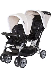 Children can sit in the front and rear seats of this stroller or stand on the rear platform. Removable rear seat...