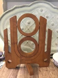 HANDMADE WOODEN WINE BOTTLE HOLDER & POURED: COLLAPSABLE & TILTS Mid Century Mod. Stamped handmade by Richard Freeman...