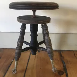 Antique Swivel Wood Piano Stool Claw Foot Glass Ball Feet Victorian Turned Legs.