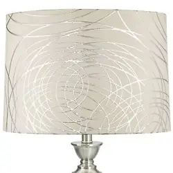 The correct size harp and a finial are included free with this shade. Springcrest Off-White with Silver Circles Drum...