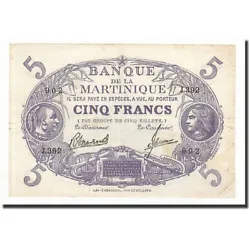 Billet, Martinique, 5 Francs, 1934-45, TTB+, KM:6.