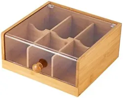 Very good quality bamboo tea box with 6 compartments with a see through lid and hing with a handle to open and close....