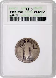 A 1917 (Type 1 variety) (Philadelphia Struck) Standing Liberty silver quarter graded About Good 3 (AG-3) by ANACS in an...